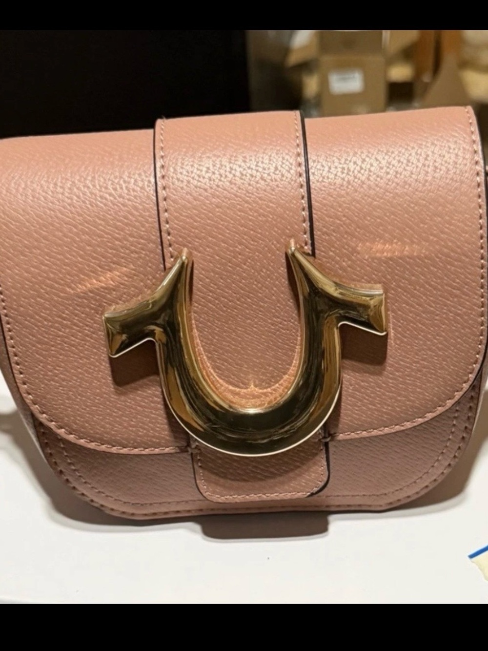 True Religion Dusty Pink Leather Crossbody with Gold-Tone Logo